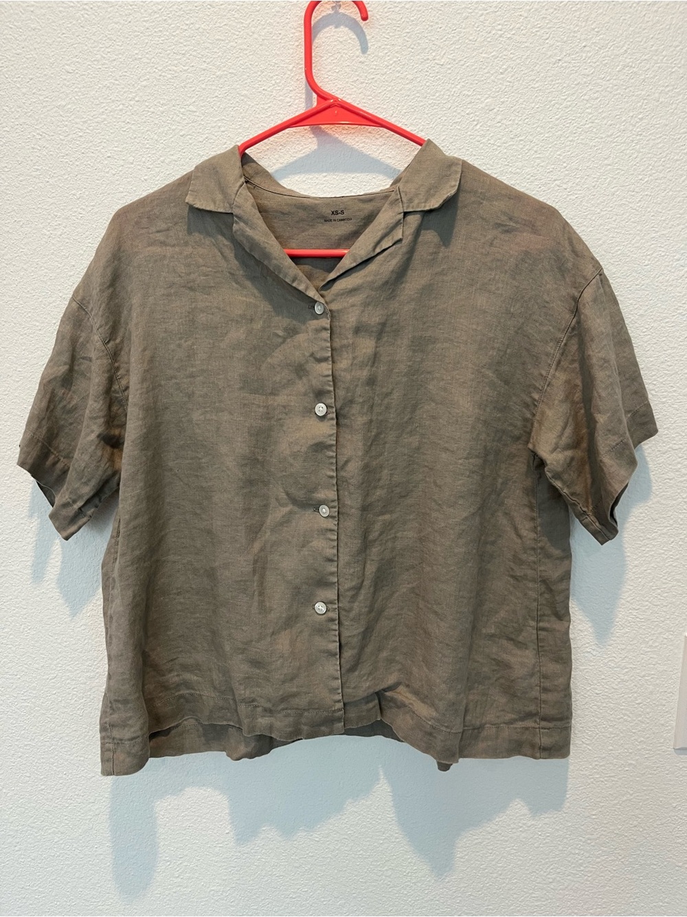 MUJI 100% Linen Casual Short Sleeve Button-Up Boxy Fit Taupe‎ Shirt Size XS/S